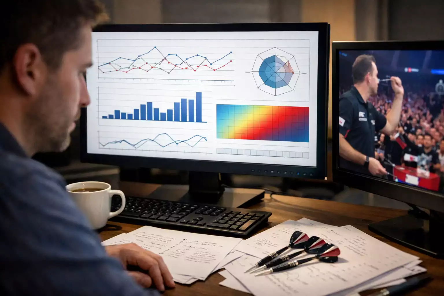 Analist bestudeert dartsdata op computerscherm