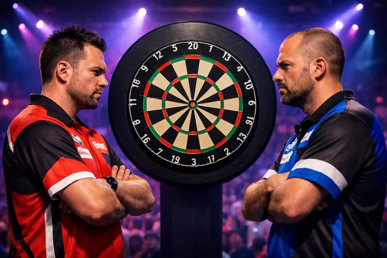 Professionele dartspelers tijdens competitie op het podium