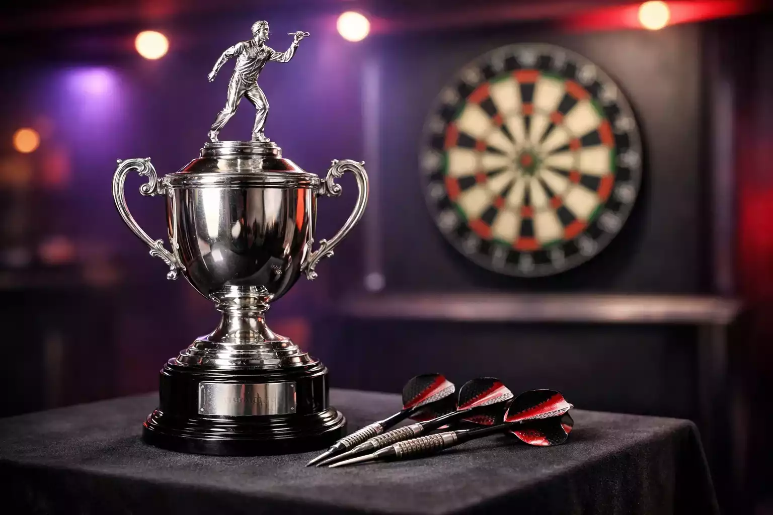 Trofee en dartspijlen op professioneel dartbord