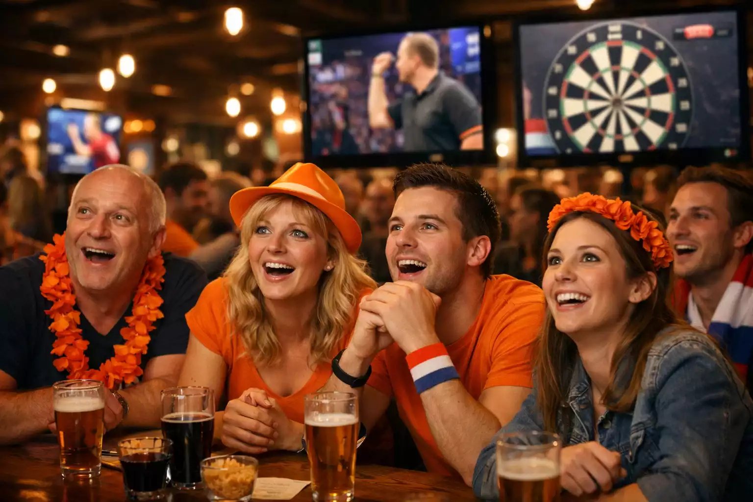 Enthousiast publiek kijkt naar dartswedstrijd op groot scherm