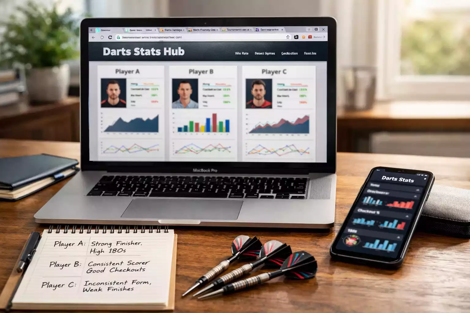 Laptop met dartsstatistieken website en grafieken