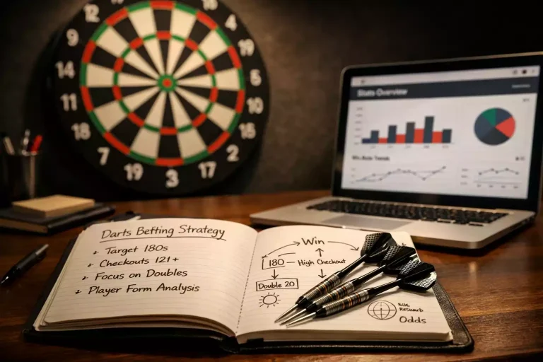 Dartspijlen op dartbord met strategie planning notities