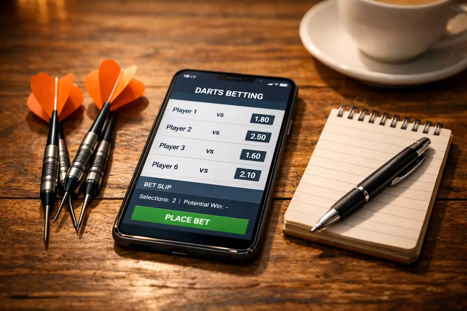 Smartphone met sportweddenschap app naast dartpijltjes op tafel