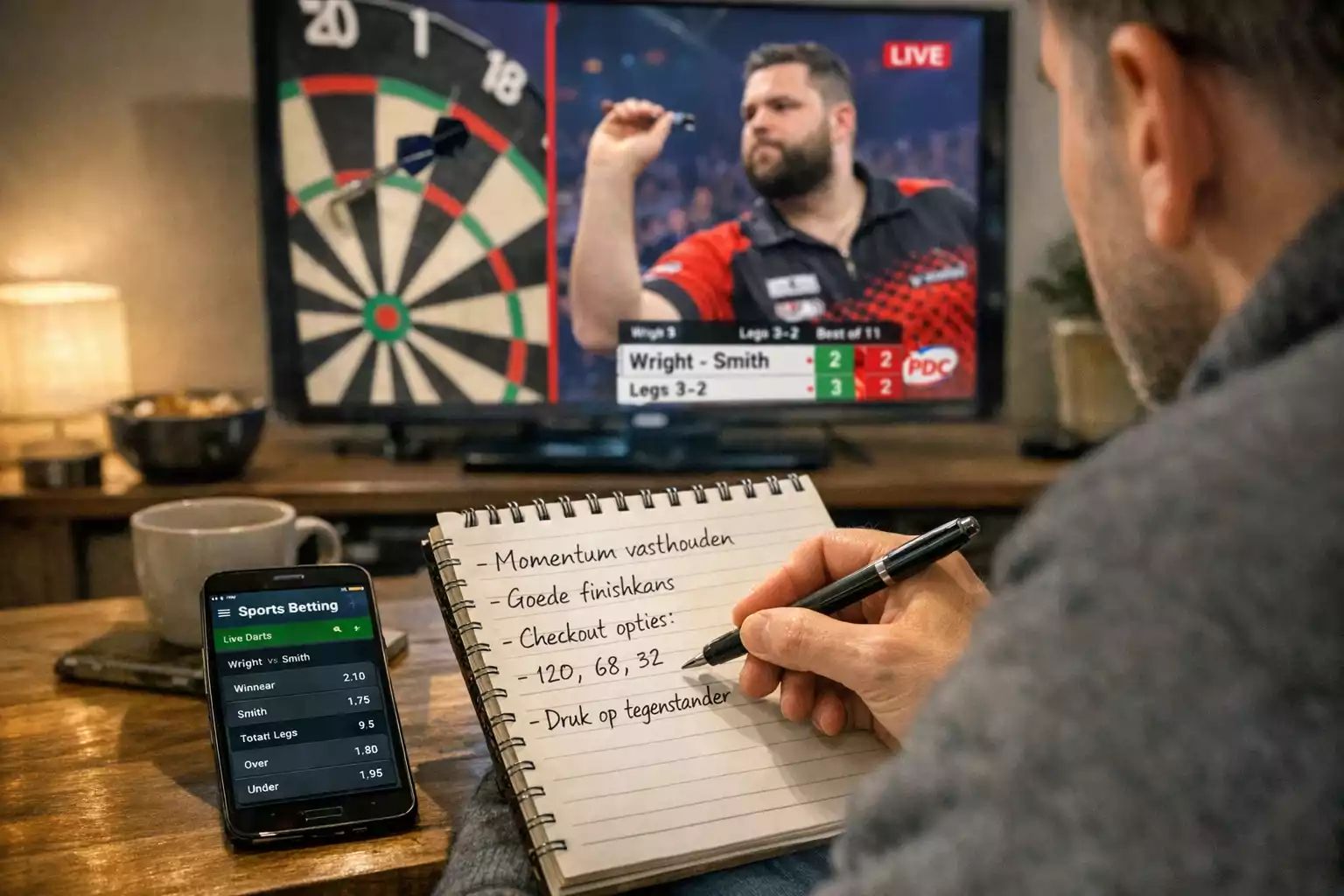 Persoon maakt notities tijdens live dartswedstrijd