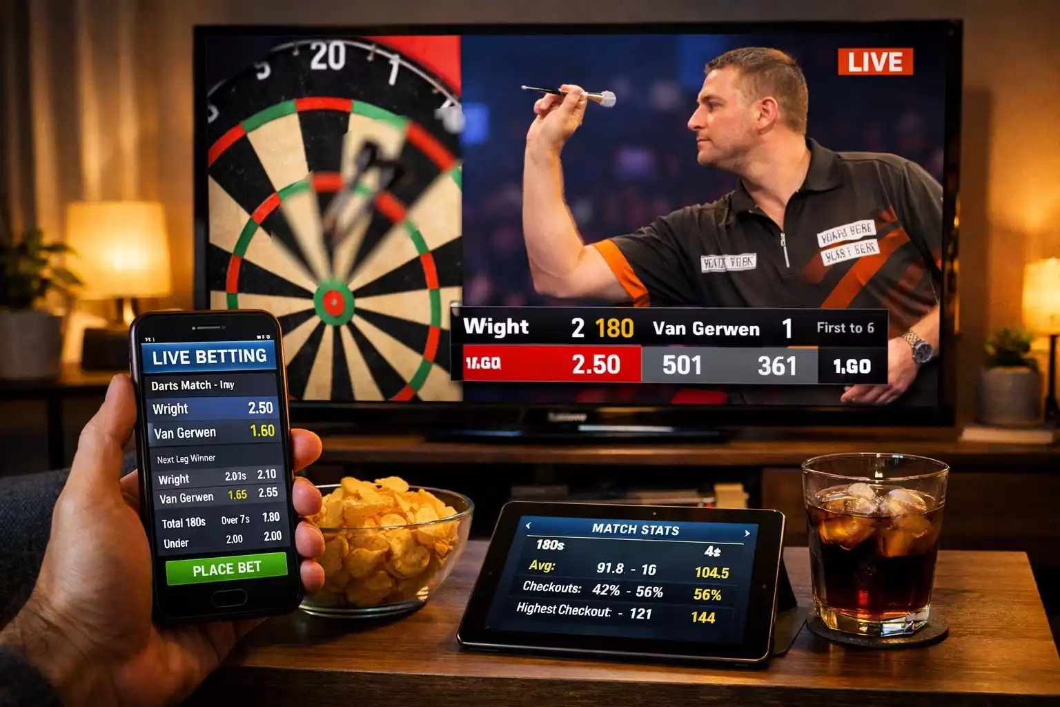 Live darts wedstrijd streaming op scherm met betting opties