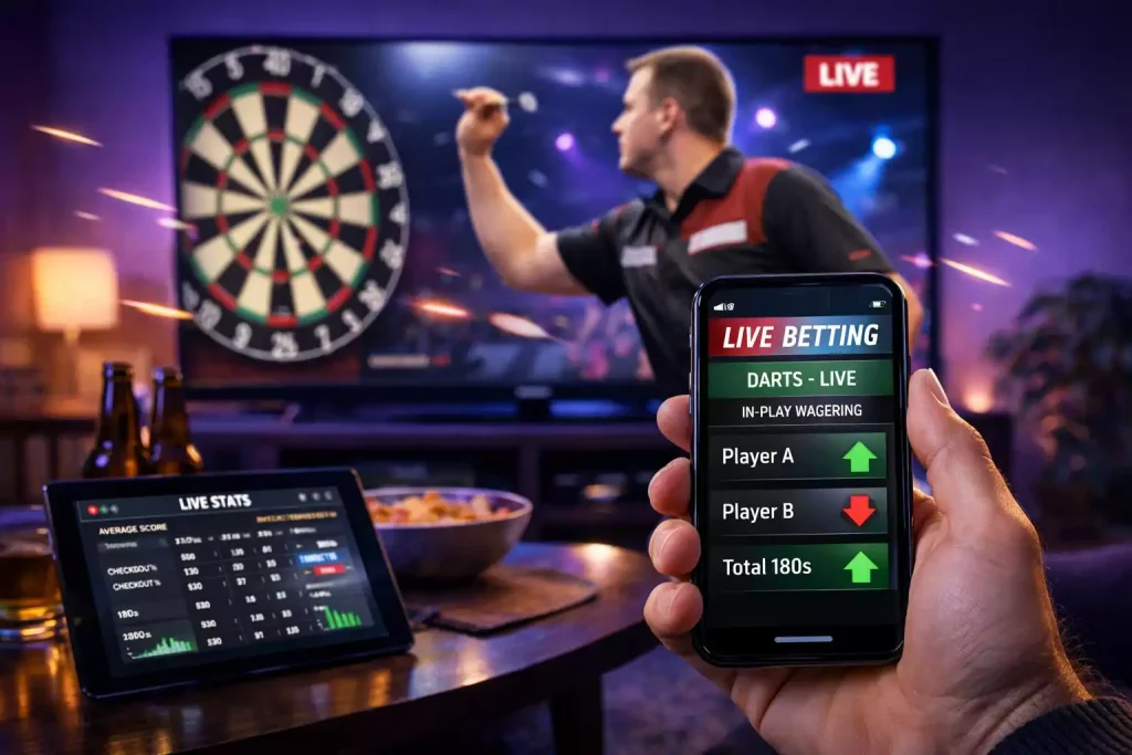 Live darts wedstrijd met realtime odds op scherm