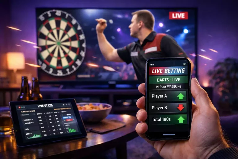 Live darts wedstrijd met realtime odds op scherm