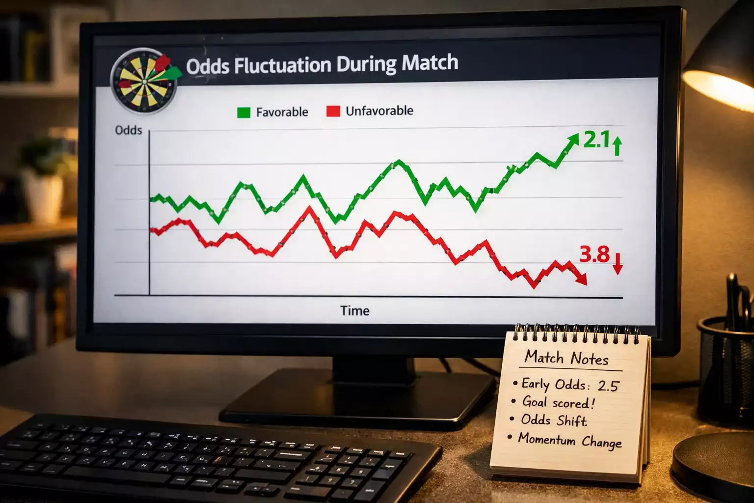 Grafiek met fluctuerende odds tijdens dartsleg