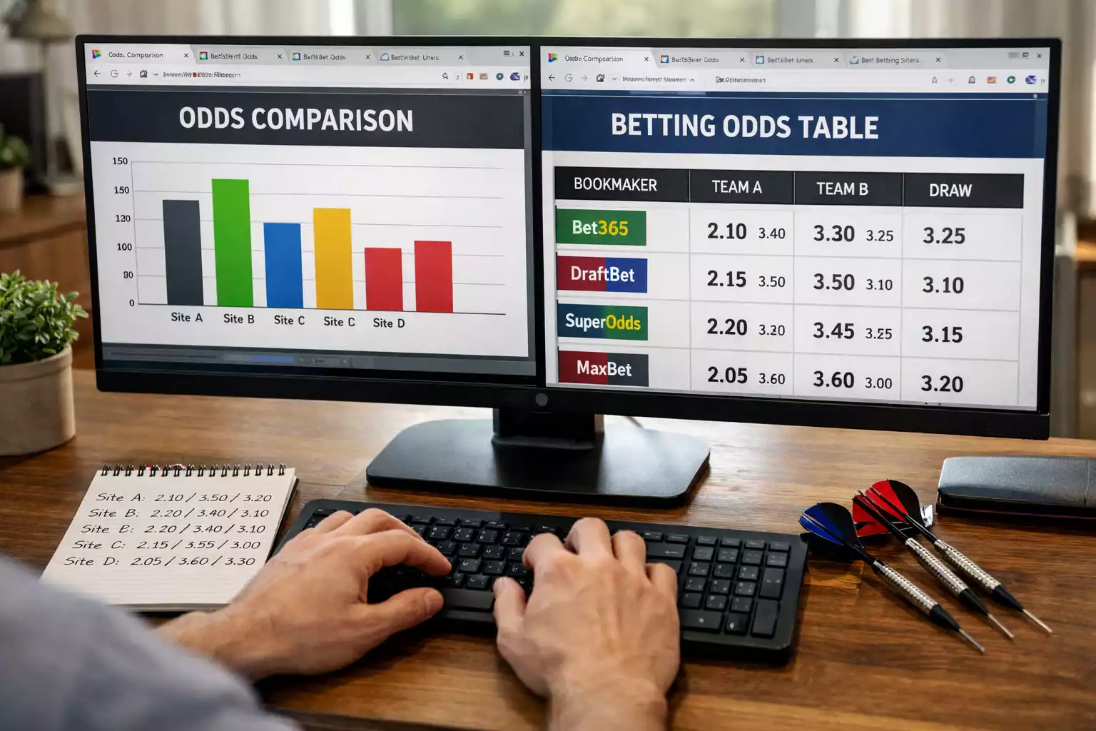 Scherm met dartsodds en quoteringen vergelijking