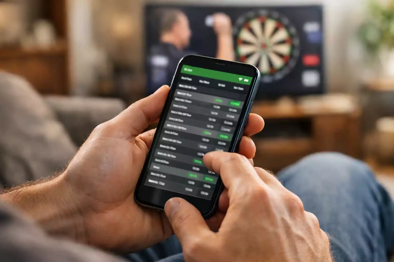 Persoon bekijkt dartsodds op mobiele telefoon