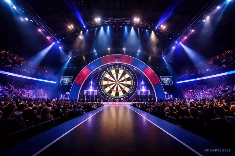 WK Darts 2026 Alexandra Palace podium met dartbord en publiek